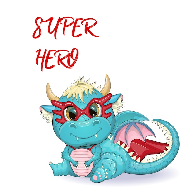 Cute cartoon green baby dragon in a red cape super hero savior symbol of 2024 according to the chinese calendar mythical reptile monster