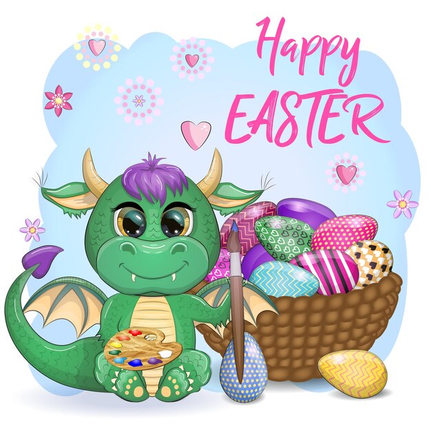 Cute cartoon green baby dragon with an easter egg symbol of 2024 according to the chinese calendar