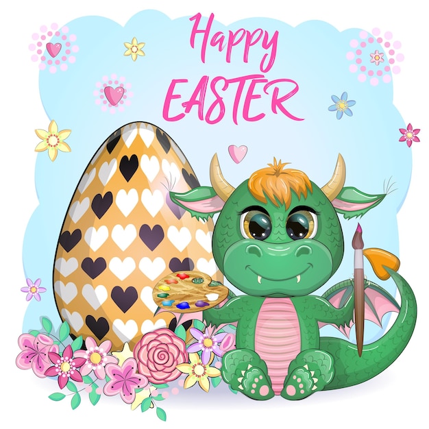 Cute cartoon green baby dragon with an easter egg Symbol of 2024 according to the Chinese calendar