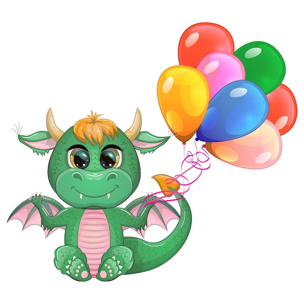 Cute cartoon green baby dragon with horns and wings Symbol of 2024 according to the Chinese calendar Funny mythical monster reptile