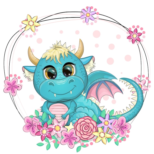 Cute cartoon green baby dragon with horns and wings Symbol of 2024 according to the Chinese calendar Funny mythical monster reptile