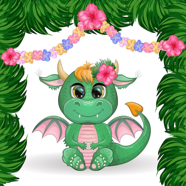 Cute cartoon green baby dragon with ukulele on the beach Symbol of 2024 according to the Chinese calendar Mythical reptile monster