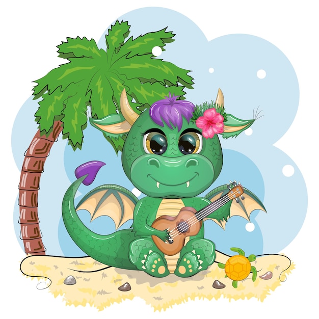 Милый мультяшный зеленый дракончик с гавайской гитарой на пляже Символ 2024 года по китайскому календарю Мифический монстр-рептилия