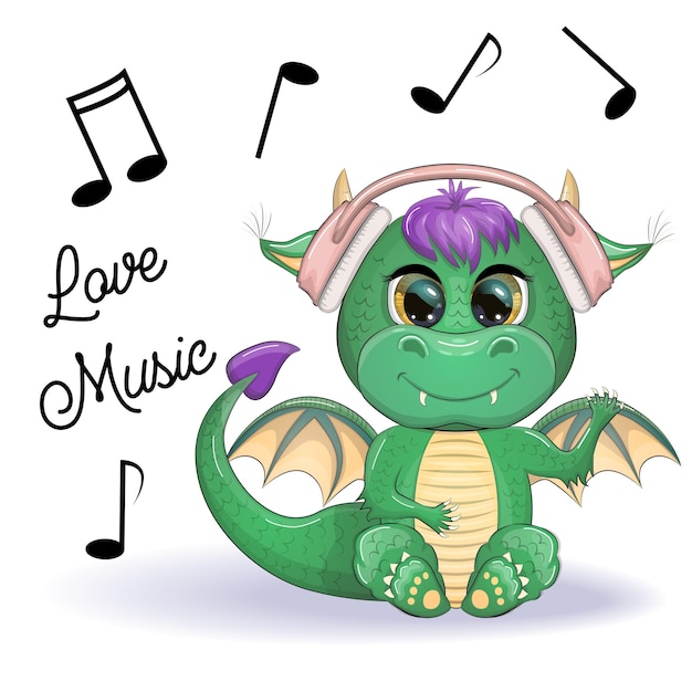 Cute cartoon green dragon in headphones listens to music Symbol of 2024 according to the Chinese calendar