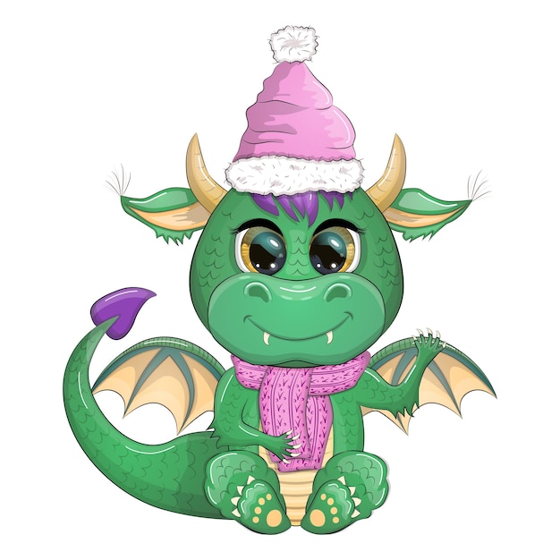 Вектор Милый мультяшный зеленый дракон в шапке санты 2024 новый год китайский календарь подарки елочная игрушка конфетница чашка с надписью новогодний чулок для подарков