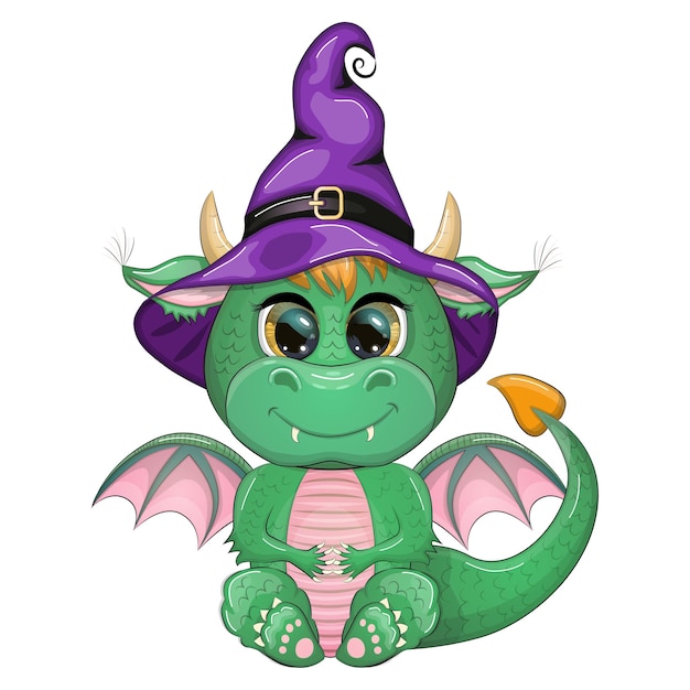 Cute cartoon green dragon in a purple magic hat Halloween Pumpkin potion broom Symbol of 2024 according to the Chinese calendar Mythical reptile monster