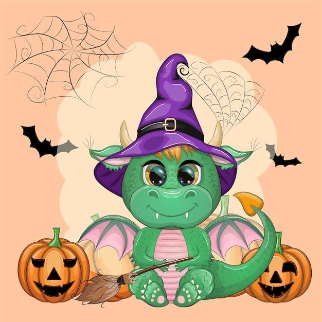 Cute cartoon green dragon in a purple magic hat Halloween Pumpkin potion broom Symbol of 2024 according to the Chinese calendar Mythical reptile monster