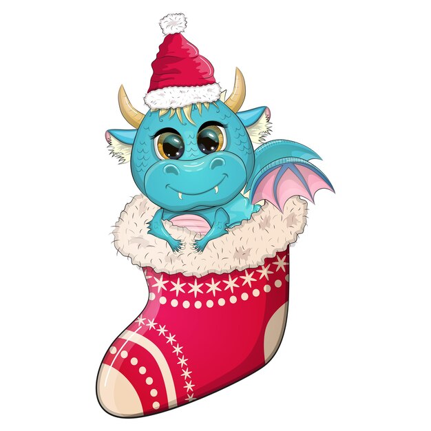 Vector cute cartoon green dragon in santa hat 2024 new year chinese calendar gifts christmas tree toy candycane a cup with an inscription a new year stocking for gifts