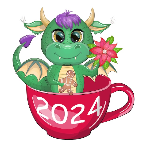 Vector cute cartoon green dragon in santa hat 2024 new year chinese calendar gifts christmas tree toy candycane a cup with an inscription a new year stocking for gifts