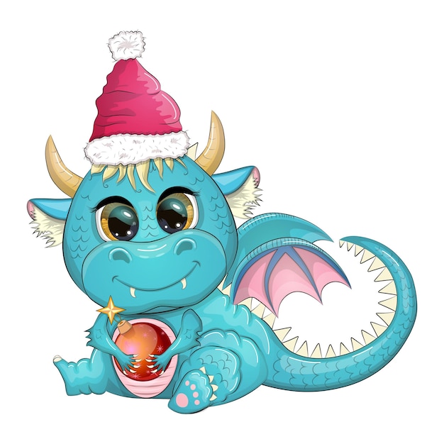 Cute cartoon green dragon in santa hat 2024 new year chinese calendar Gifts Christmas tree toy candycane a cup with an inscription a New Year stocking for gifts