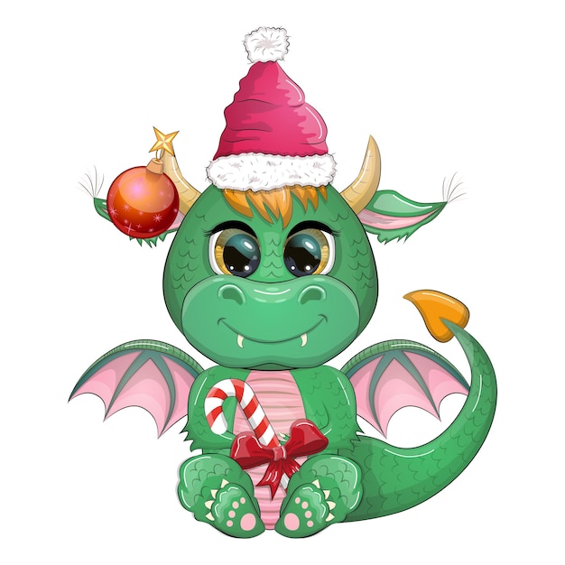 Cute cartoon green dragon in santa hat 2024 new year chinese calendar Gifts Christmas tree toy candycane a cup with an inscription a New Year stocking for gifts