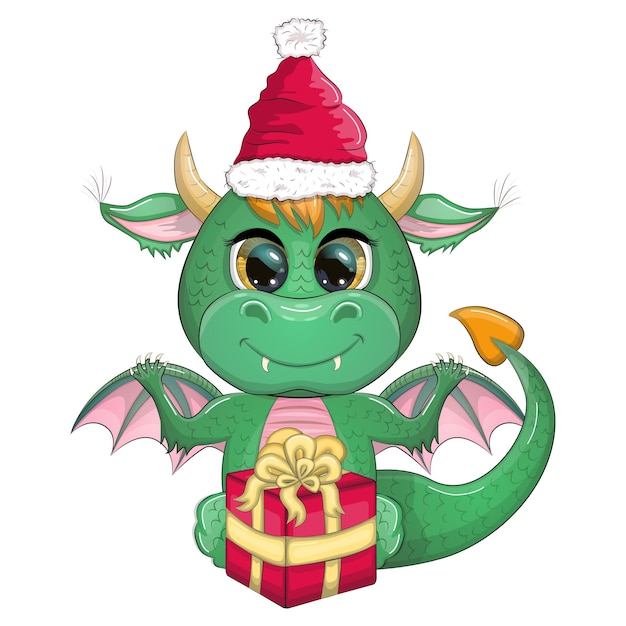 Vector cute cartoon green dragon in santa hat 2024 new year chinese calendar gifts christmas tree toy candycane a cup with an inscription a new year stocking for gifts