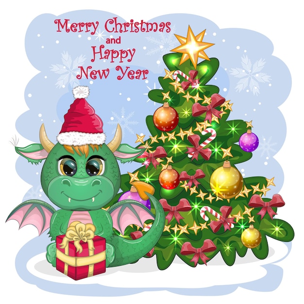 Vector a cute cartoon green dragon in a santa hat holds a red gift and sits next to the christmas tree 2024 new year chinese calendar