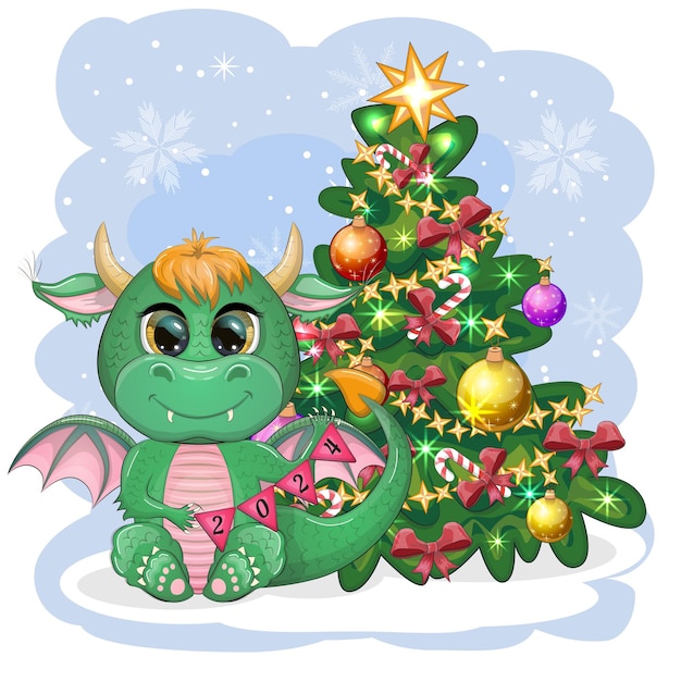 A cute cartoon green dragon in a santa hat holds a red gift and sits next to the christmas tree 2024 new year chinese calendar