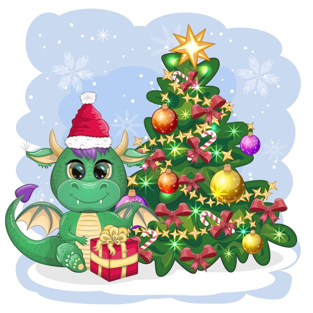 A cute cartoon green dragon in a Santa hat holds a red gift and sits next to the Christmas tree 2024 new year chinese calendar