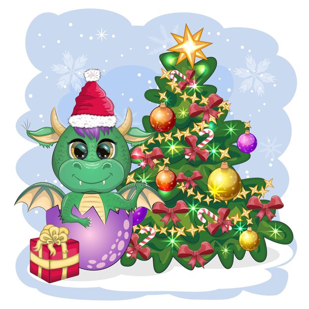 A cute cartoon green dragon in a Santa hat holds a red gift and sits next to the Christmas tree 2024 new year chinese calendar