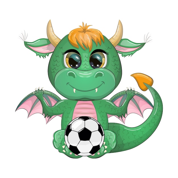 Cute cartoon green dragon and soccer ball game Symbol of 2024 according to the Chinese calendar