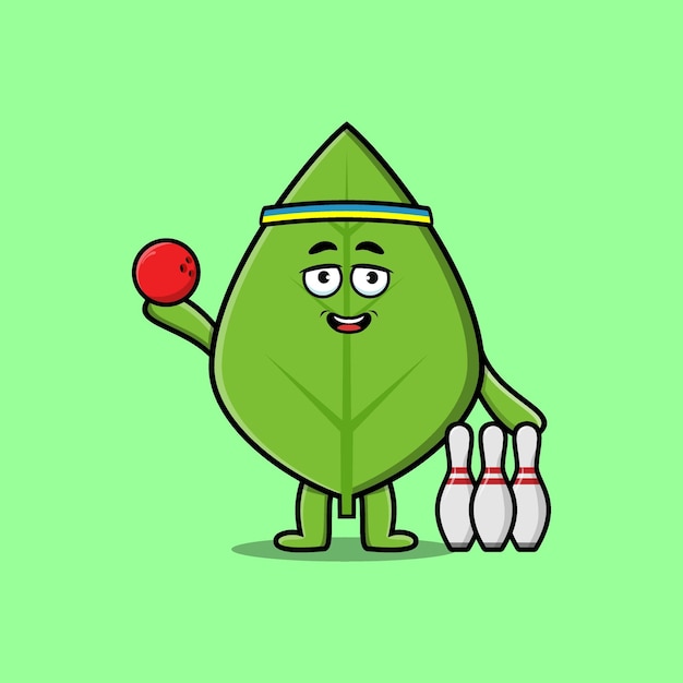 Cute cartoon green leaf character playing bowling