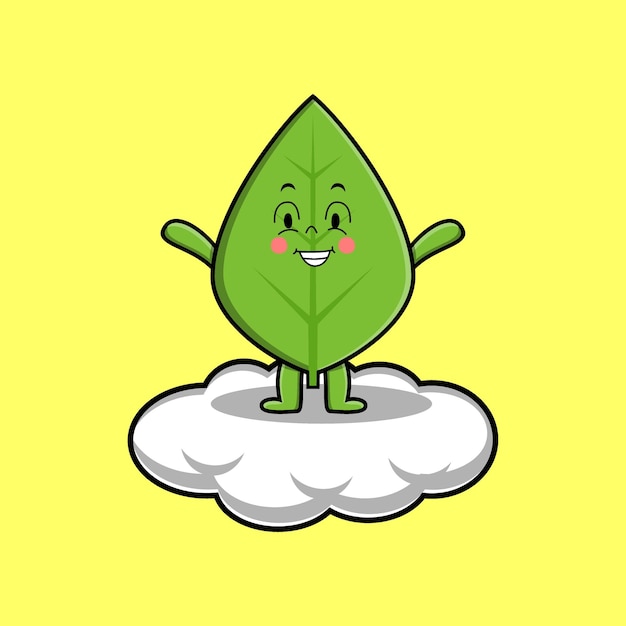 Cute cartoon green leaf character stand in cloud vector illustration in concept 3d cartoon style