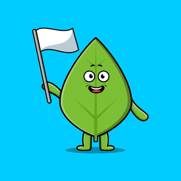 Cute cartoon Green leaf character with white flag