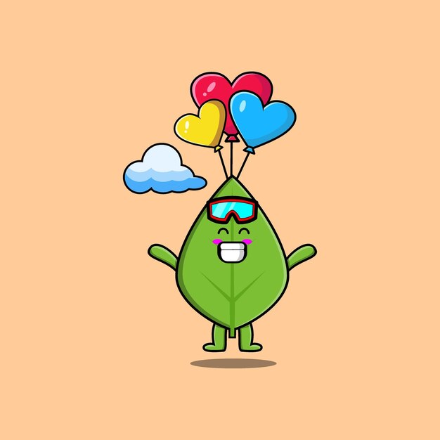 Simpatico cartone animato mascotte foglia verde è paracadutismo con palloncino e gesto felice carino design in stile moderno