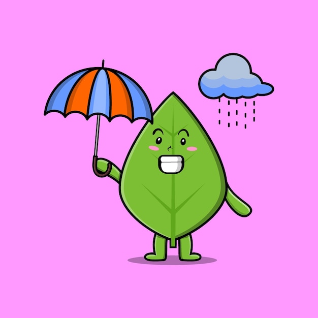 Cute cartoon green leaf in the rain using umbrella