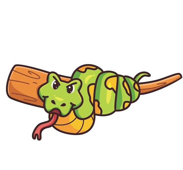 Cute cartoon green snake ready for attack on tree branch vector illustration icon isolated