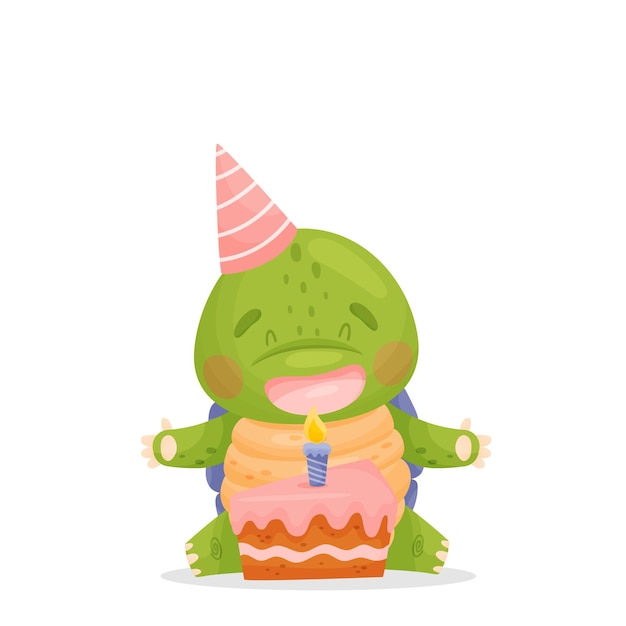 Vector cute cartoon green turtle stands on a birthday cap with a piece of cake and a candle