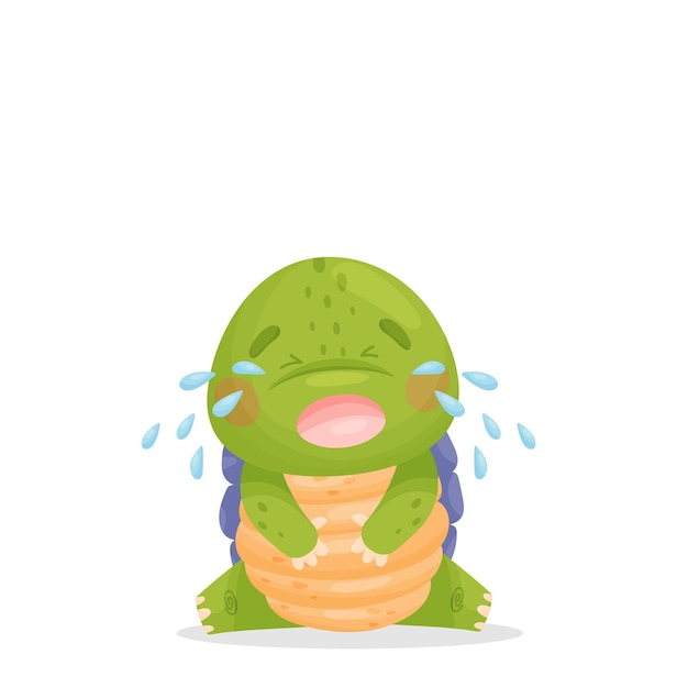 Vector cute cartoon green turtle with a purple shell and a yellow belly sits on the floor and cries