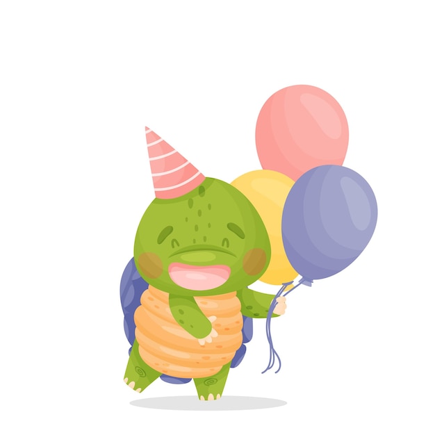 Cute cartoon green turtle with red cap holding multicolored balloons in his hands