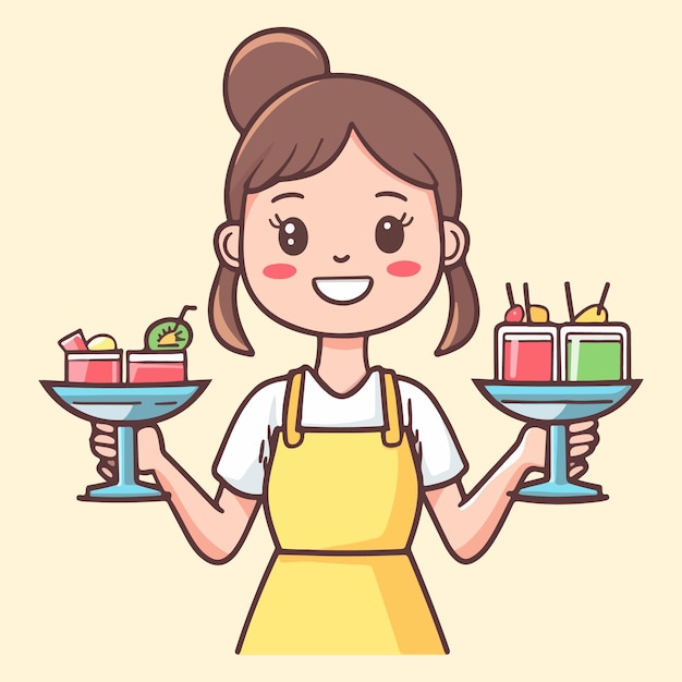 cute cartoon gril waitress holding tray with jucies vector illustration