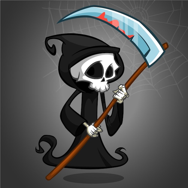 Cute cartoon grim reaper with scythe isolated vector illustration