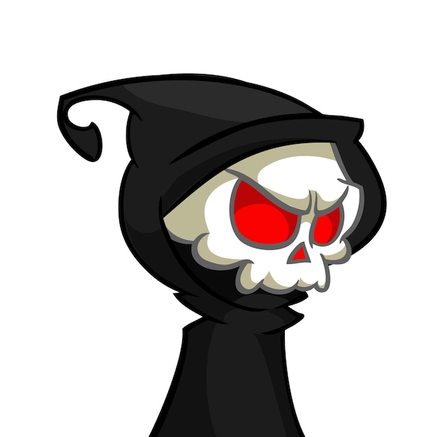 Simpatico cartone animato triste mietitore con falce isolata su bianco simpatica icona del personaggio della morte dello scheletro di halloween