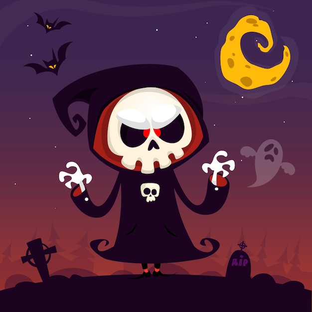 Cute cartoon grim reaper with scythe poster for halloween party simple background with cemetery and full moon