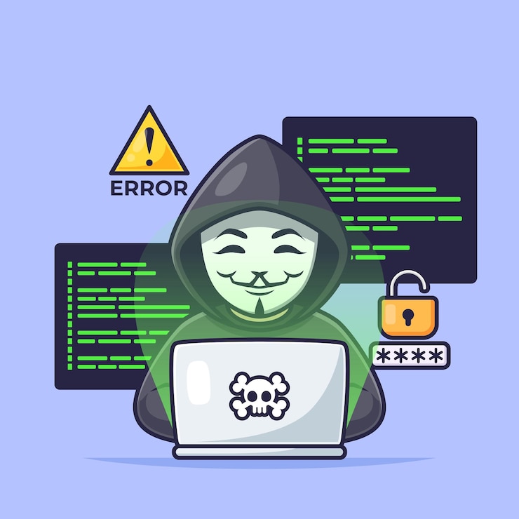 Vector 귀여운 만화 해커 사이버 범죄 벡터 일러스트 레이션