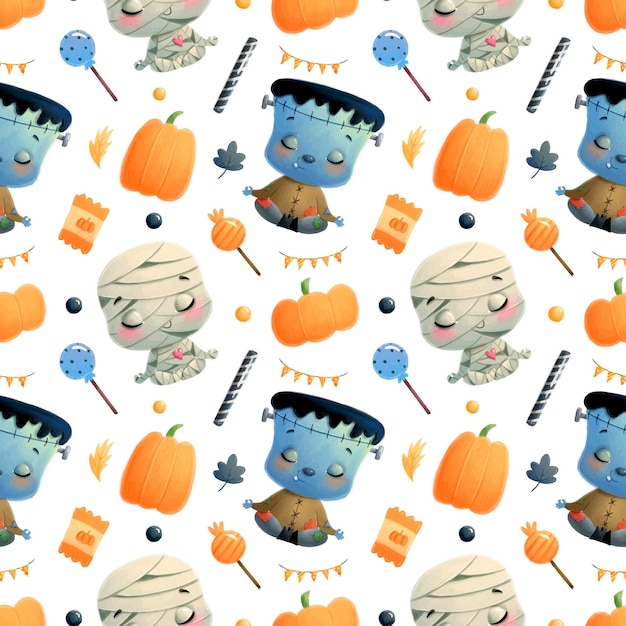 Vector cute cartoon halloween seamless pattern