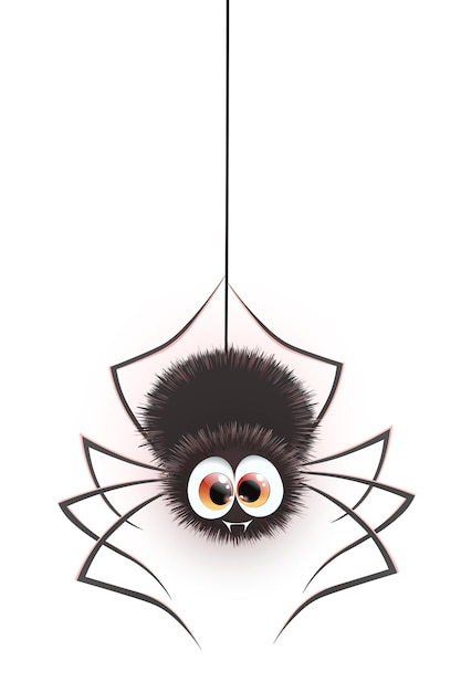 Vector cute cartoon halloween smiling funny spider hanging on web