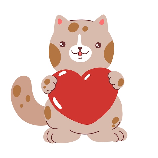 Cute cartoon hand drawn cat with heart Valentine animal Valentine's Day pet Stock vector