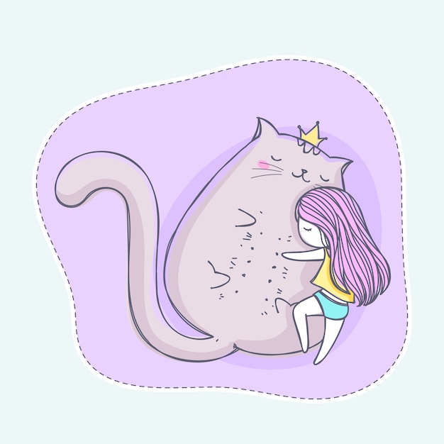 Ragazza disegnata a mano del fumetto sveglio e grande gatto. ragazza che abbraccia un fumetto del gatto disegnato a mano. cartone animato kawaii che dorme. illustrazione vettoriale per bambino