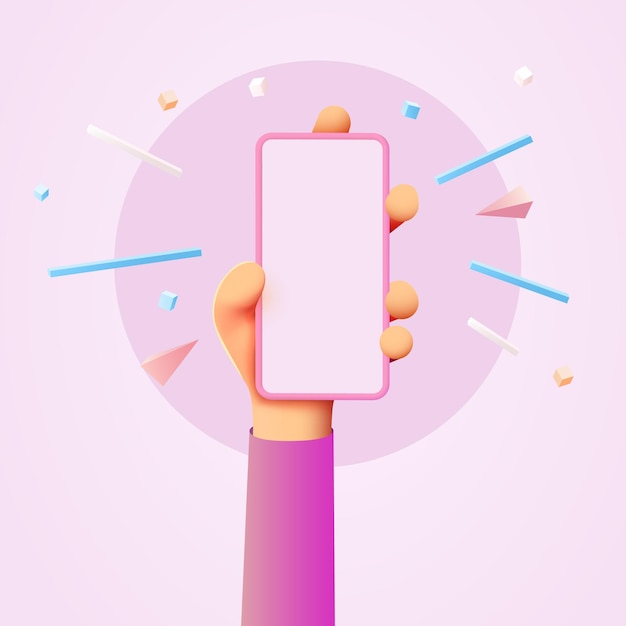 Vector cute cartoon hand holding mobile smart phone modern mockup