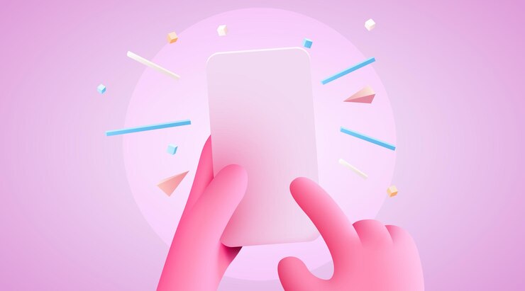 Vector cute cartoon hand holding mobile smart phone modern mockup
