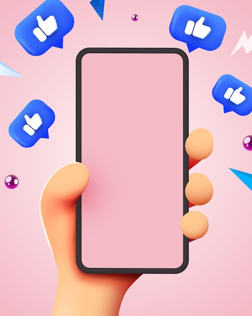 Cute cartoon hand holding mobile smartphone with likes notification icons social media and marketing