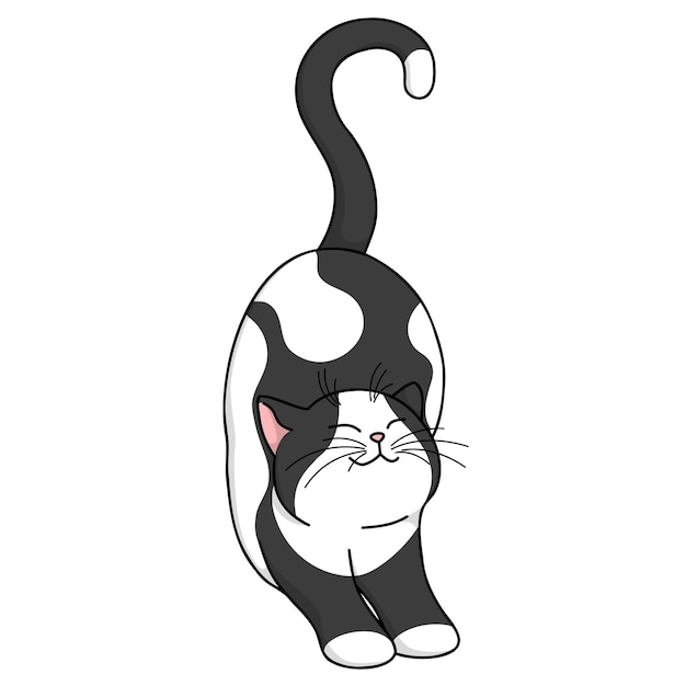 Cute cartoon happy black and white cat stretching and smiling Isolated on white vector illustration