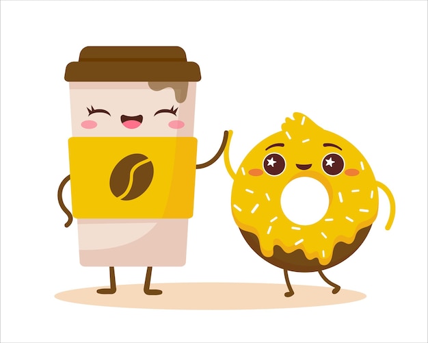 Cute cartoon happy coffee cup and donut with face funny food character sweet summer desserts