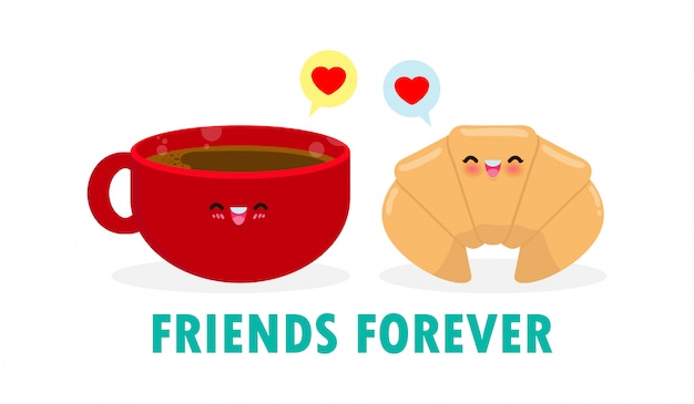 Милый мультфильм счастливый симпатичные чашка кофе и круассан, счастливый завтрак смешные персонажи лучшие друзья концепция еды и питья с друзьями навсегда, изолированных на белом фоне иллюстрации