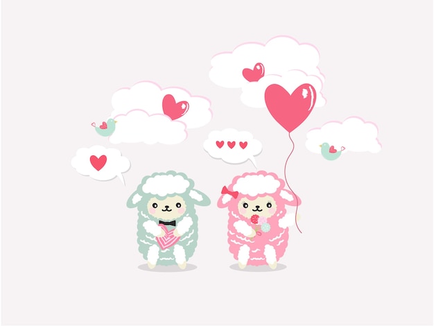 cute cartoon happy lamb in love in clouds and hearts