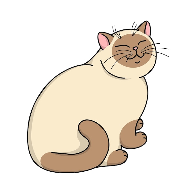 Simpatico cartone animato felice gatto siamese seduto e sorridente isolato su sfondo bianco illustrazione vettoriale