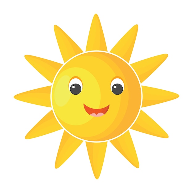 Cute cartoon happy sun with face isolated on white background. Summer shadowed clip art sunshine