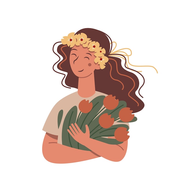 Cute cartoon happy woman holding a bouquet of flowers