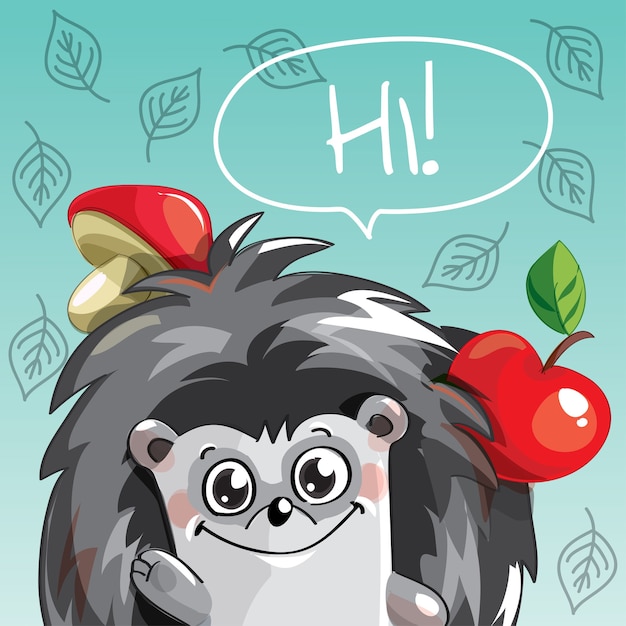 cute cartoon hapy fun hedgehog. Greeting card, postcard. Hi